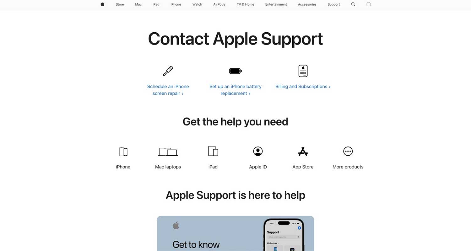 Apple support contact page
