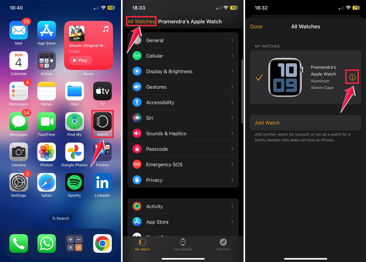 apple watch then click on the all watches and tap i button