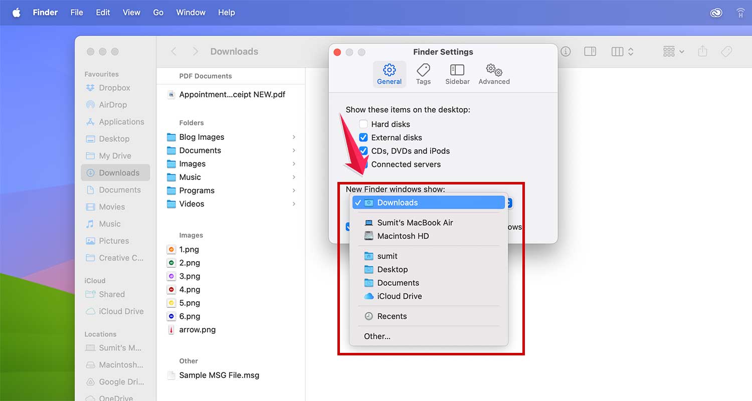 change new finder wimdows show in finder general settings in mac xl