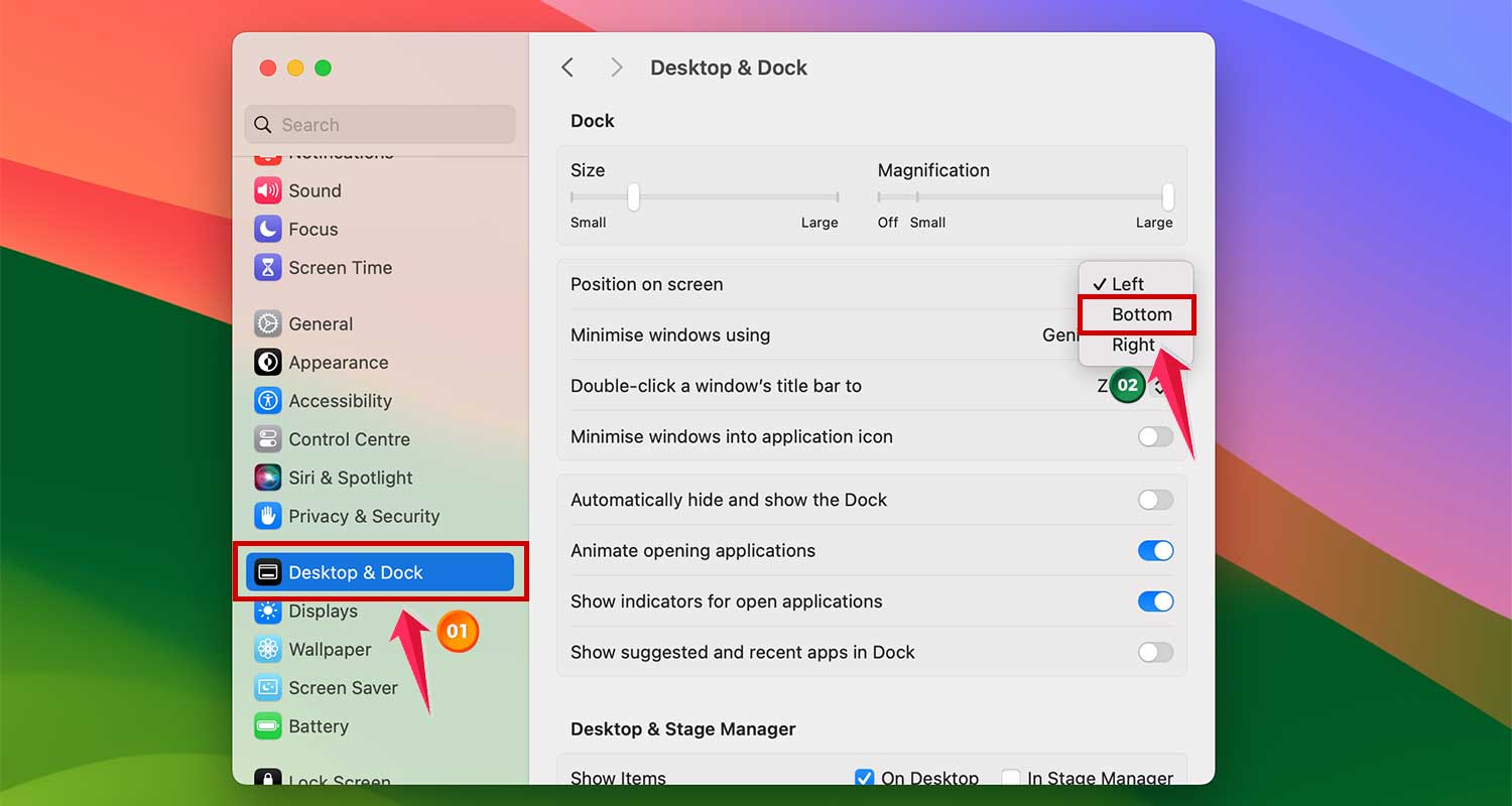 change position on screen to bottom in desktop and dock settings in mac xl