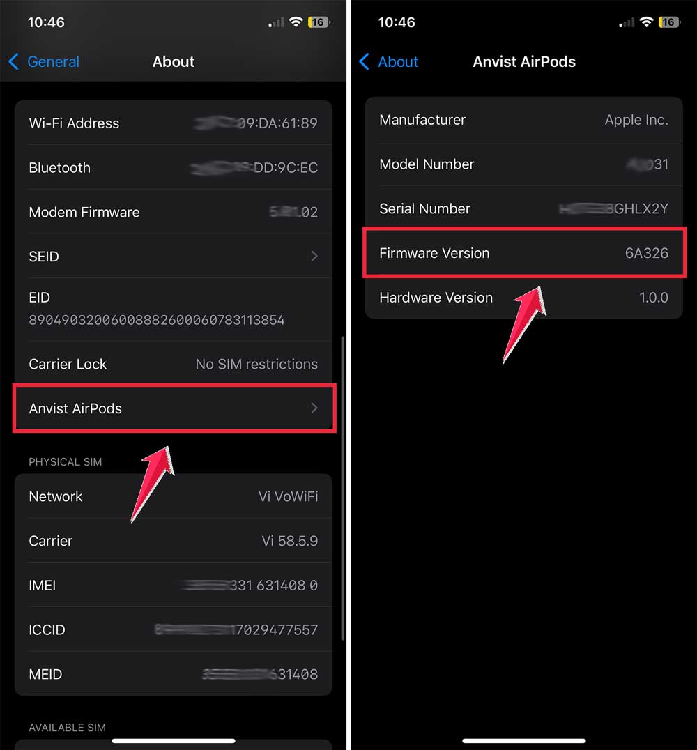 check firmware version airpods