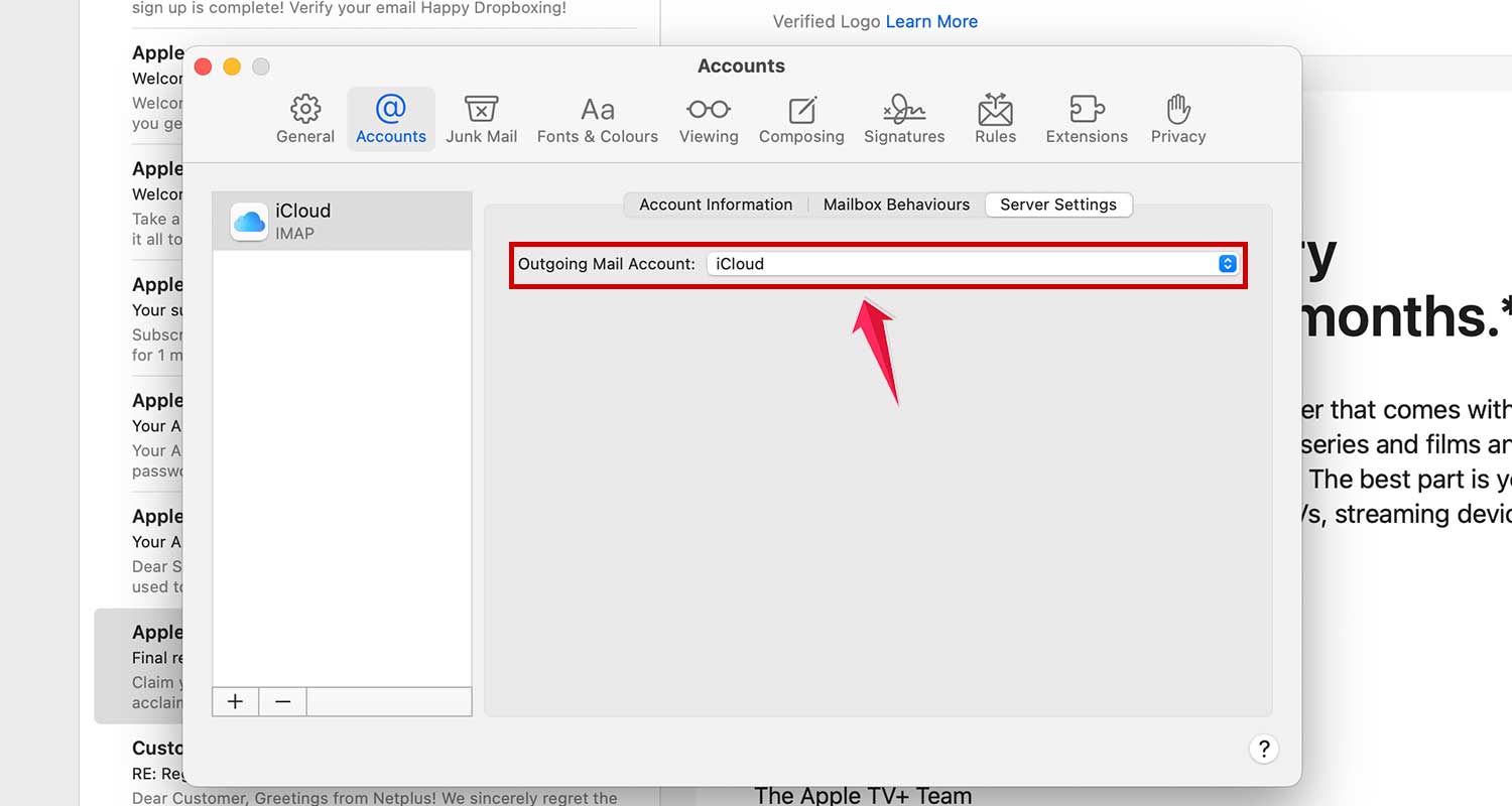 check icloud next to opening mail account in mail app in mac xl