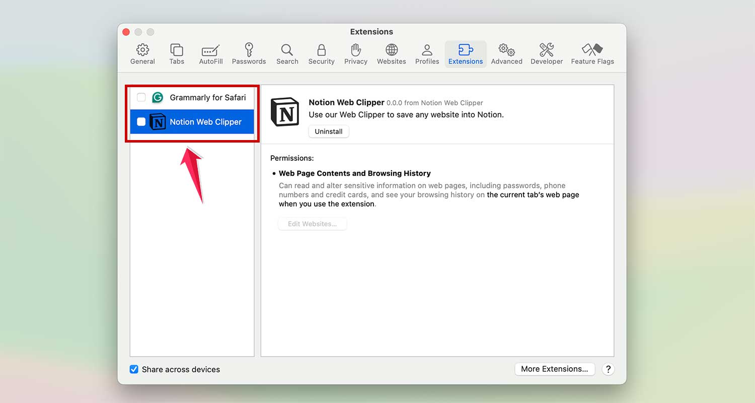 check or uncheeck extension on safari in mac xl