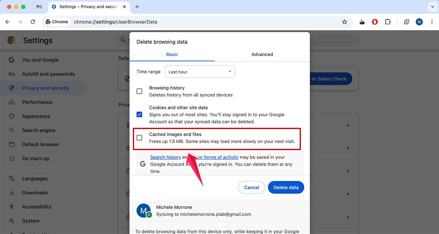 check the box cached images and files in chrome settings in mac