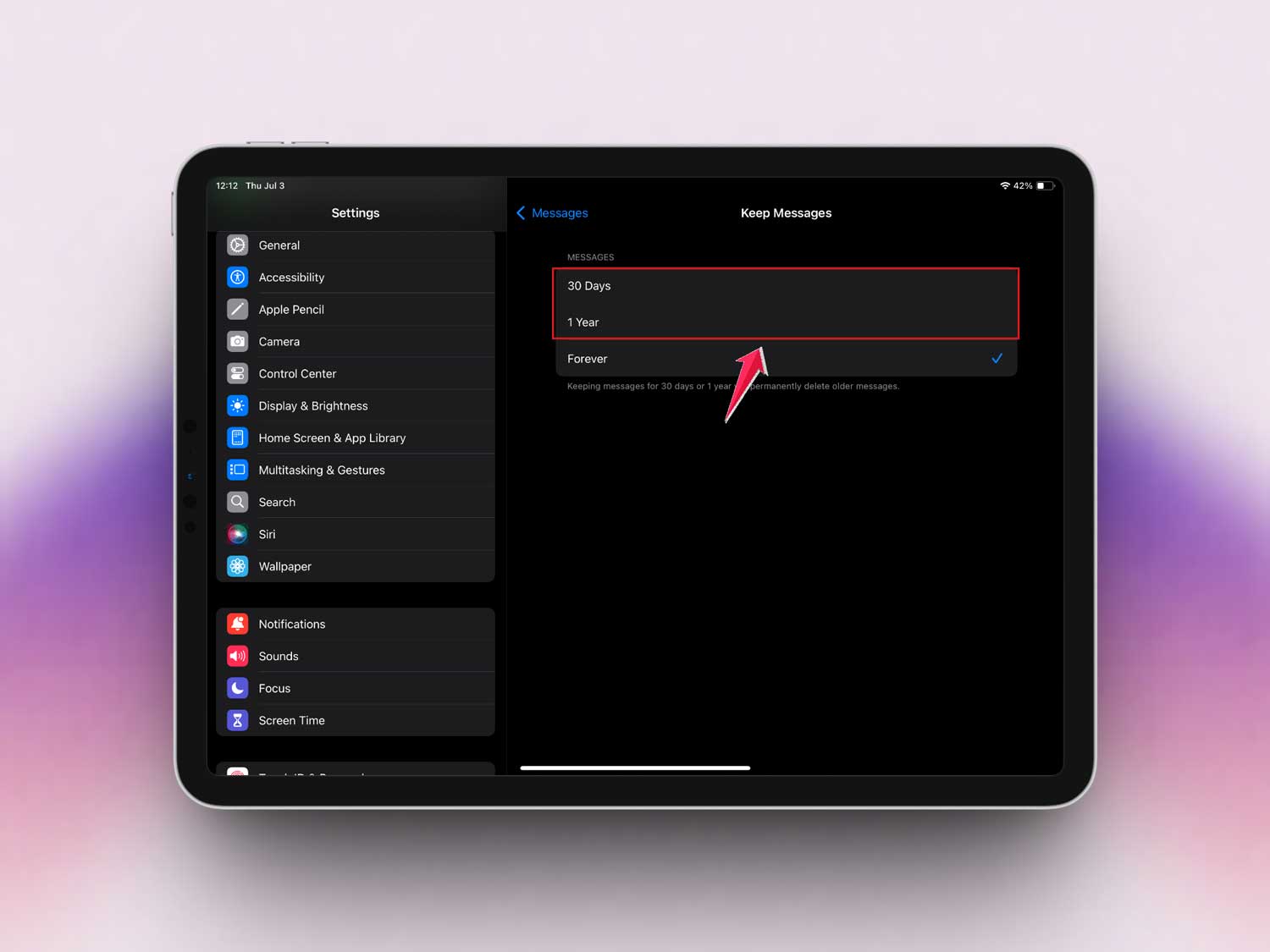 choose 30 days or 1 year in messages setting in ipad