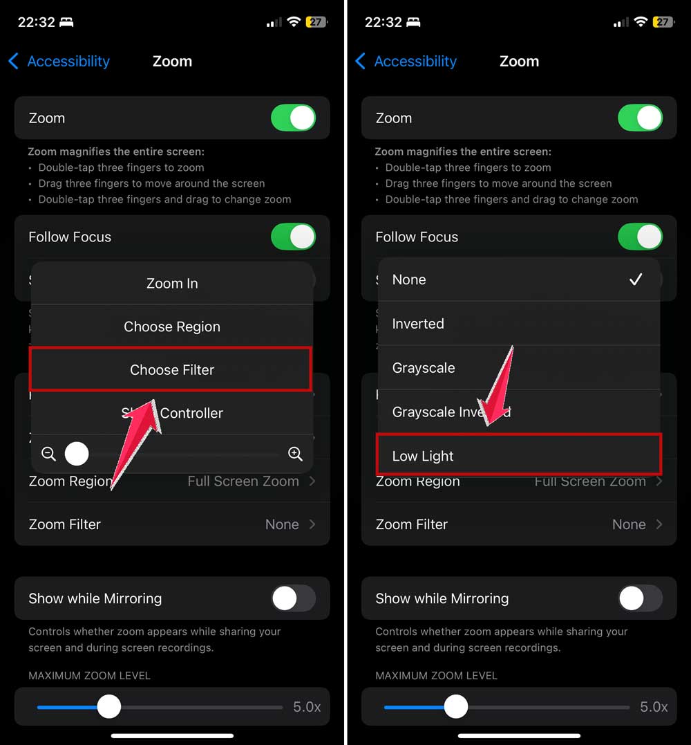 choose low light filter of zoom in iphone