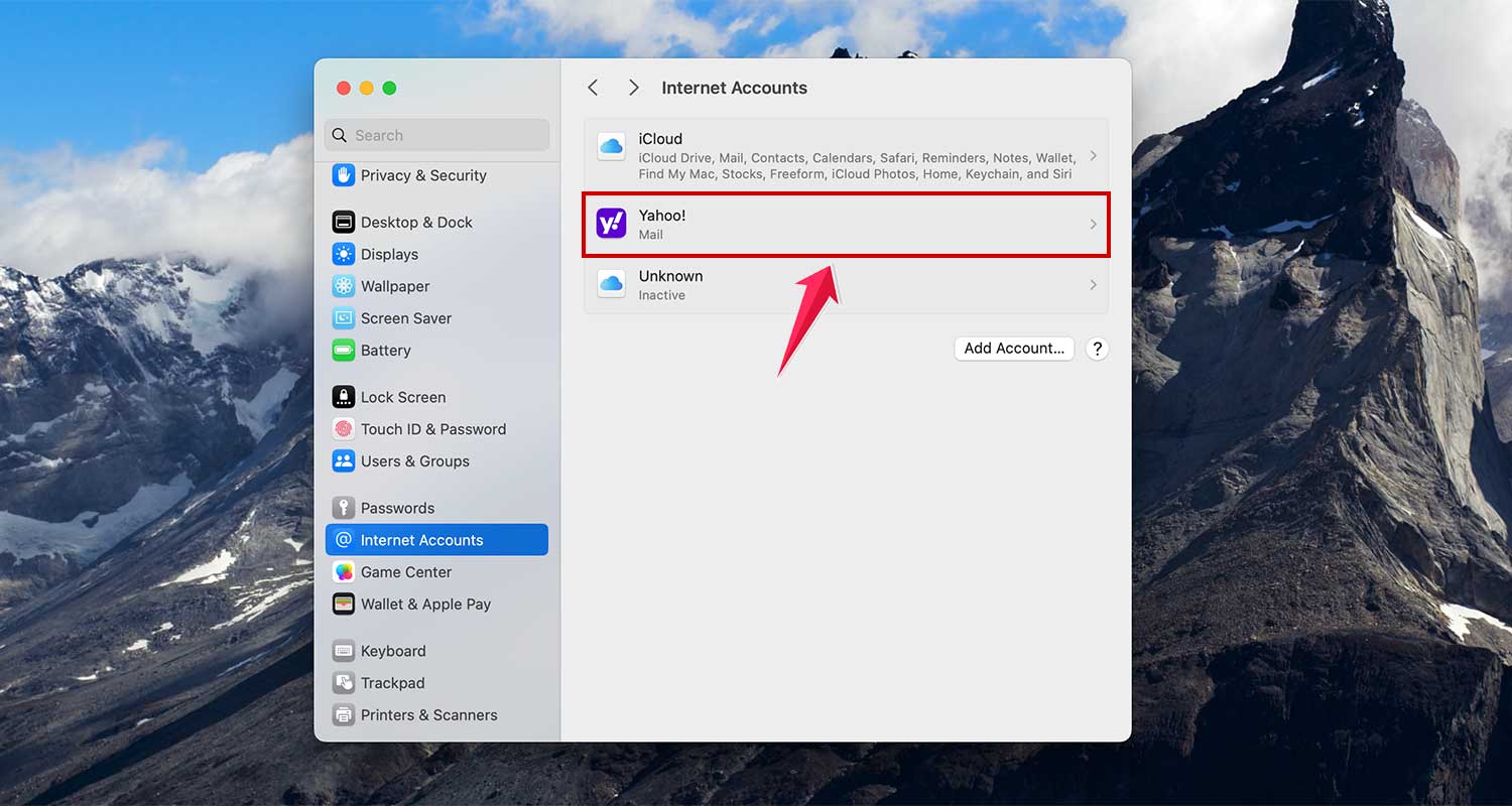 choose yahoo account from the list in internet accounts in system settings in mac