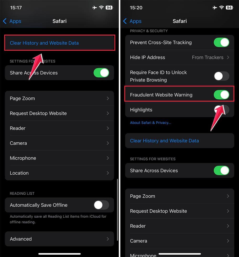 clear history and website data then turn on fraudulent website warning