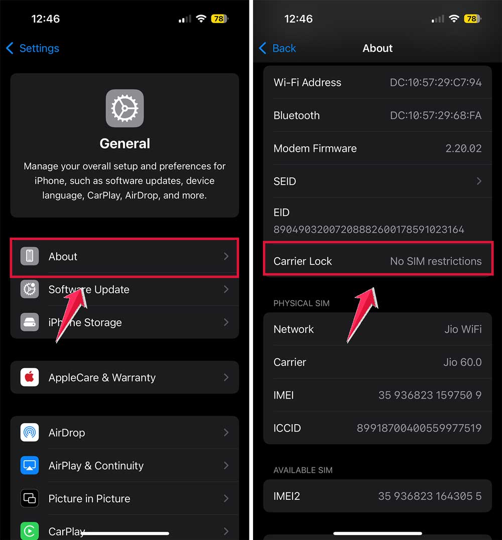 click on about then carrier lock