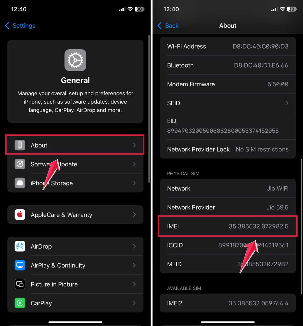 click on about then tap on imei number
