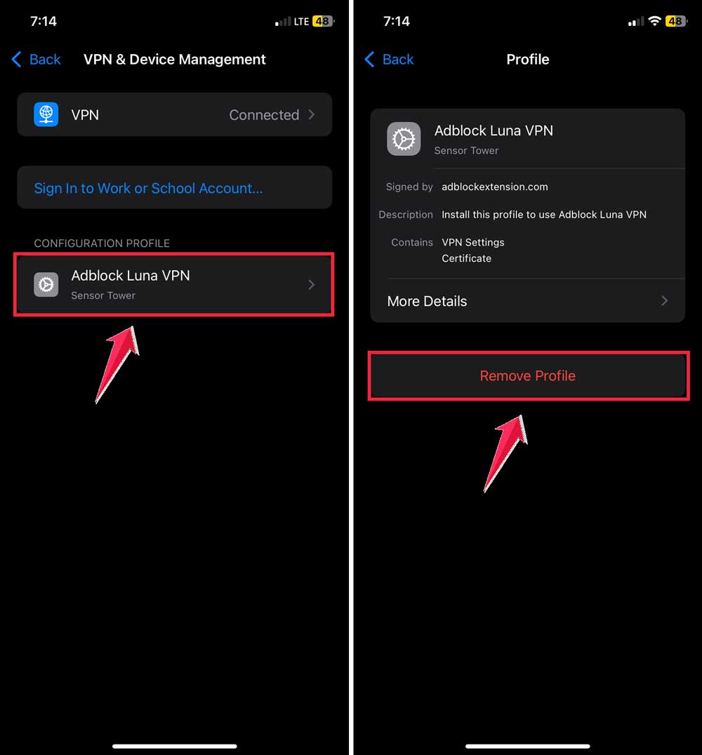 click on adblock luna vpn then remove profile click on adblock luna vpn then remove profile