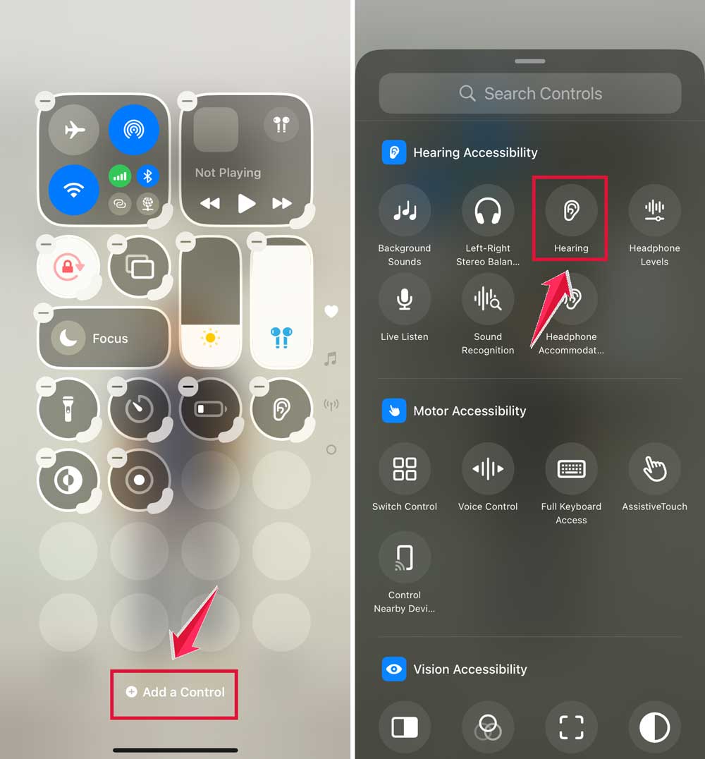 click on add a control then click on hearing