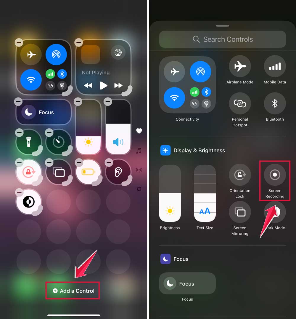 click on add a control then tap on screen recording