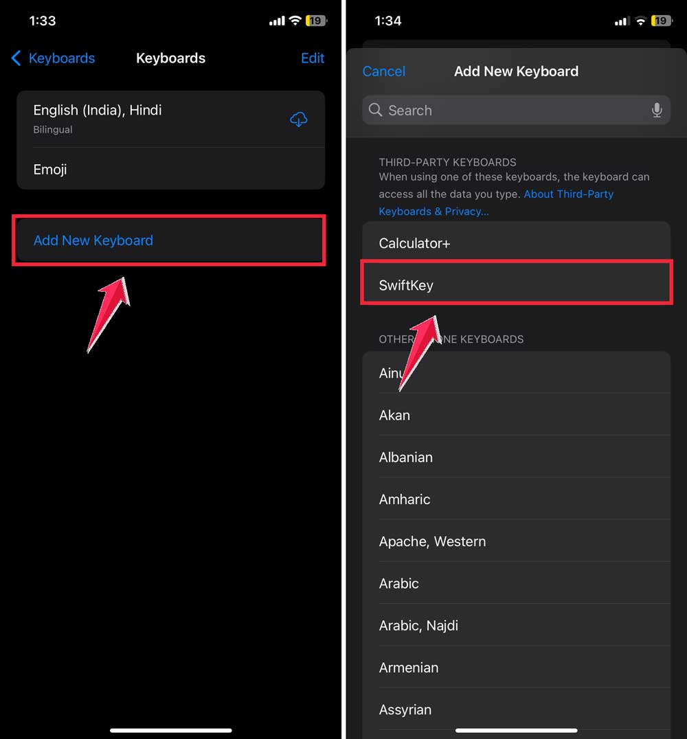 click on add new keyboard then select swiftkey