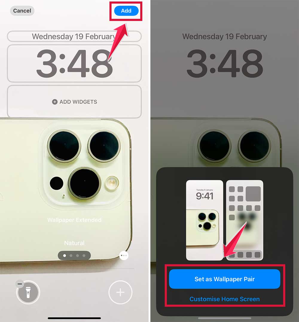 click on add then tap on set as wallpaper pair or customise home screen
