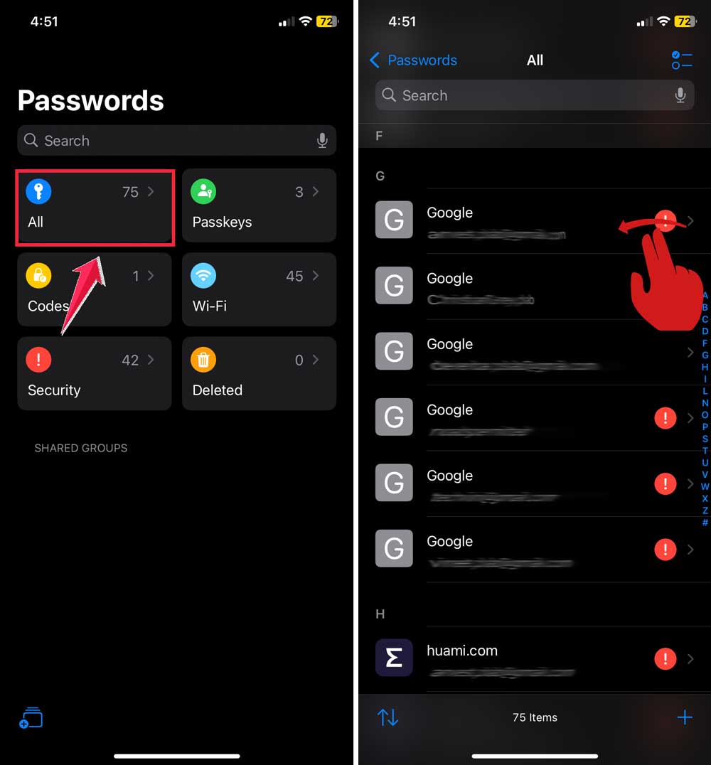 click on all then swipe left the passwords