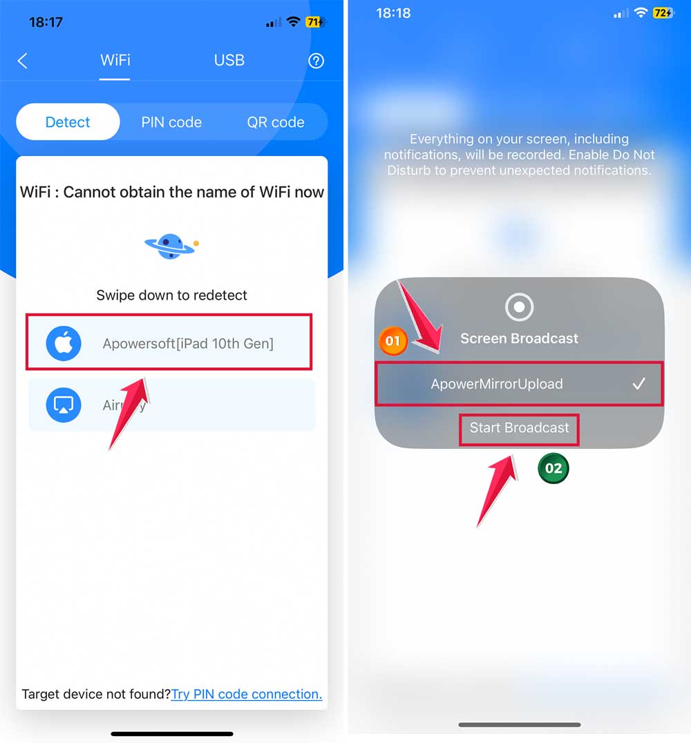 click on apowersoft phone click on screen brodcast then click on start broadcast