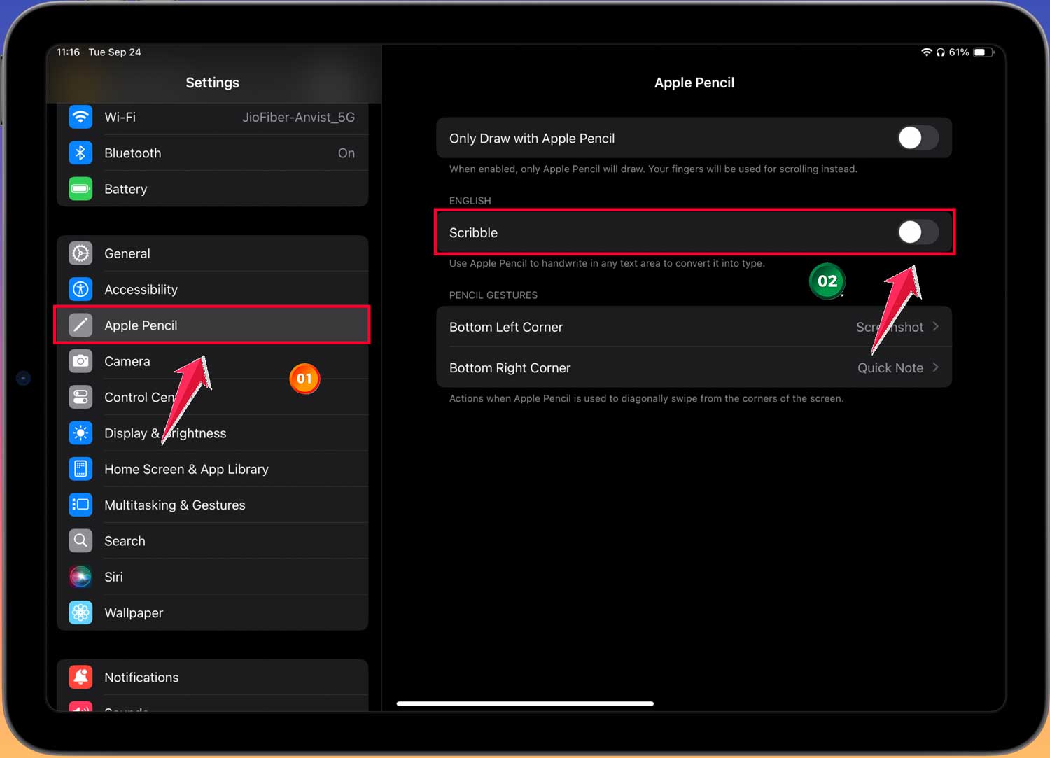 click on apple pencil then turn off scribble