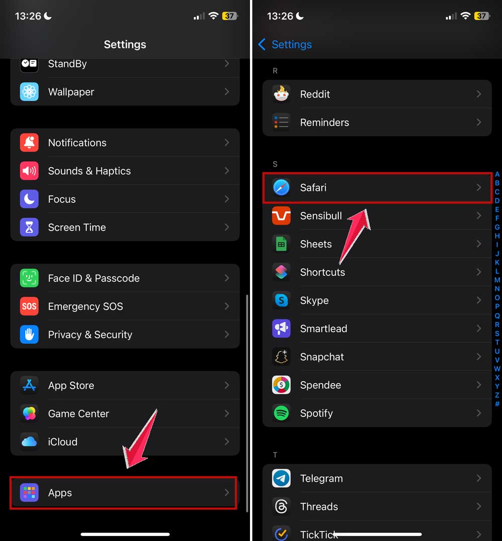click on apps and then click on safari in settings in iphone