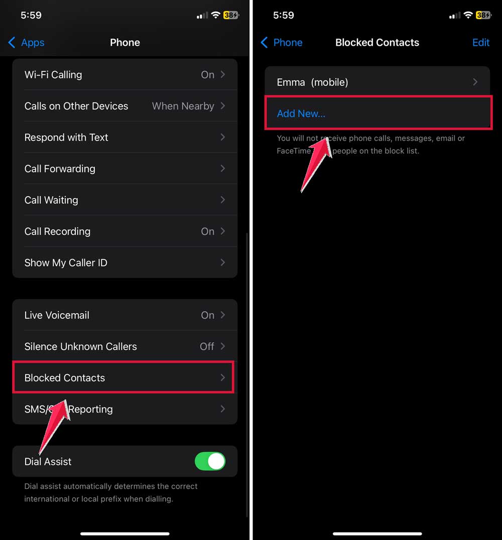 click on blocked contact then click on add new