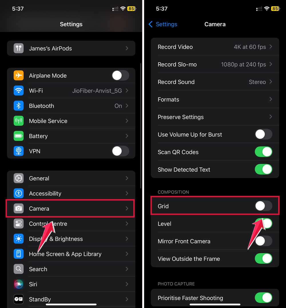 click on camera then turn on grid