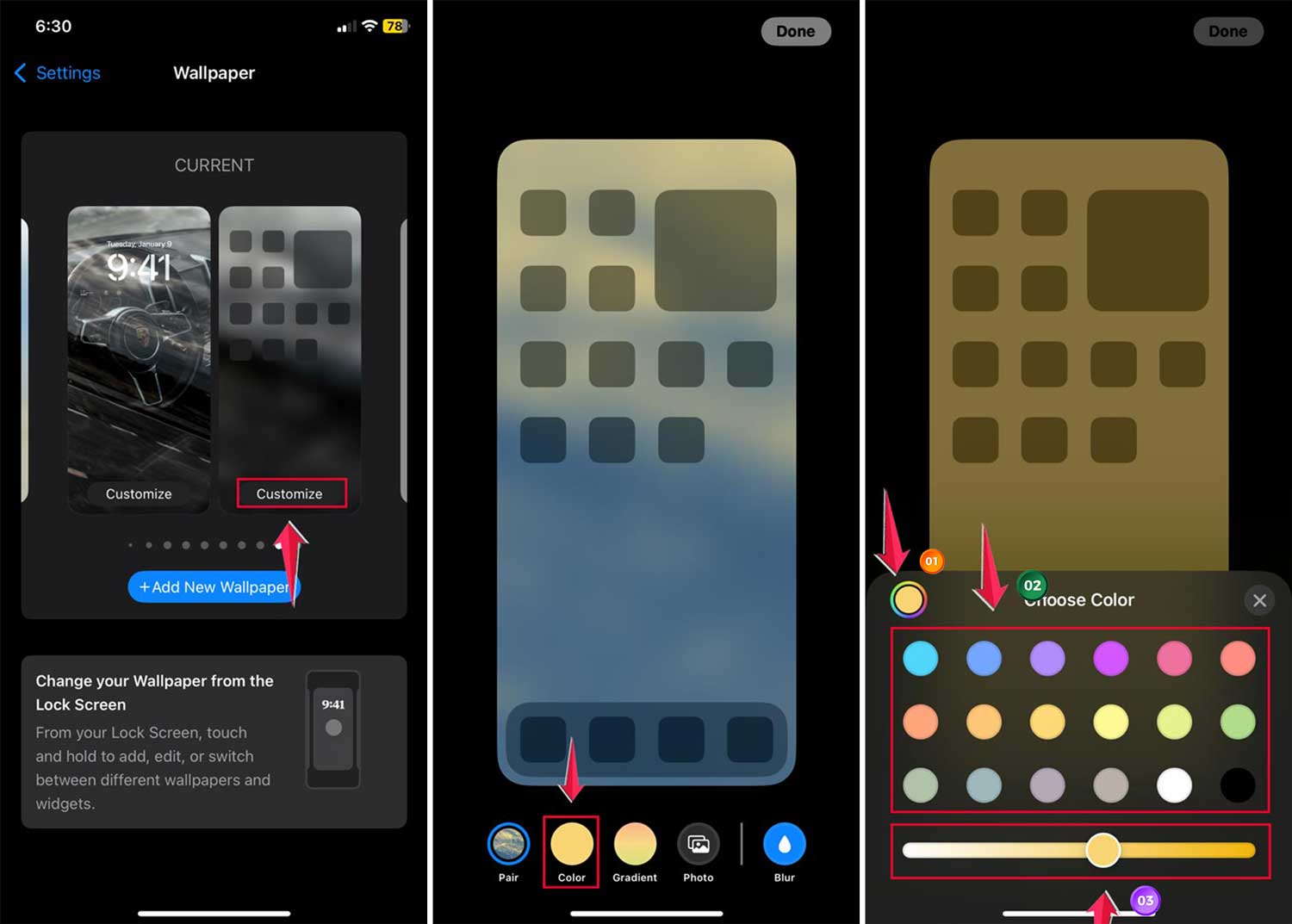 click on customize then tap on color then choose color