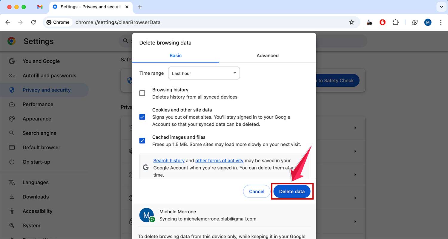 click on delete data in chrome settings in mac