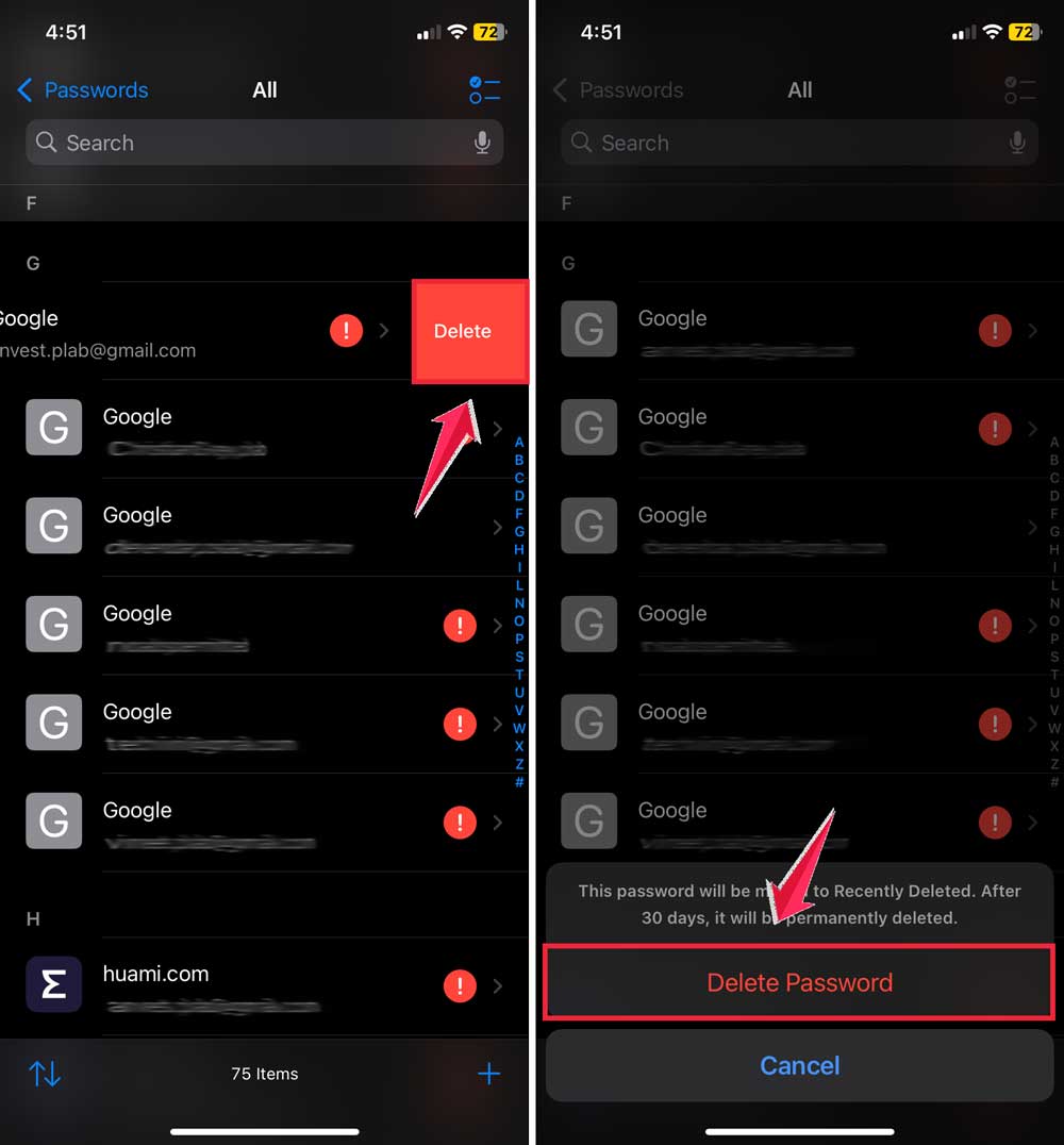 click on delete then confirm to delete password