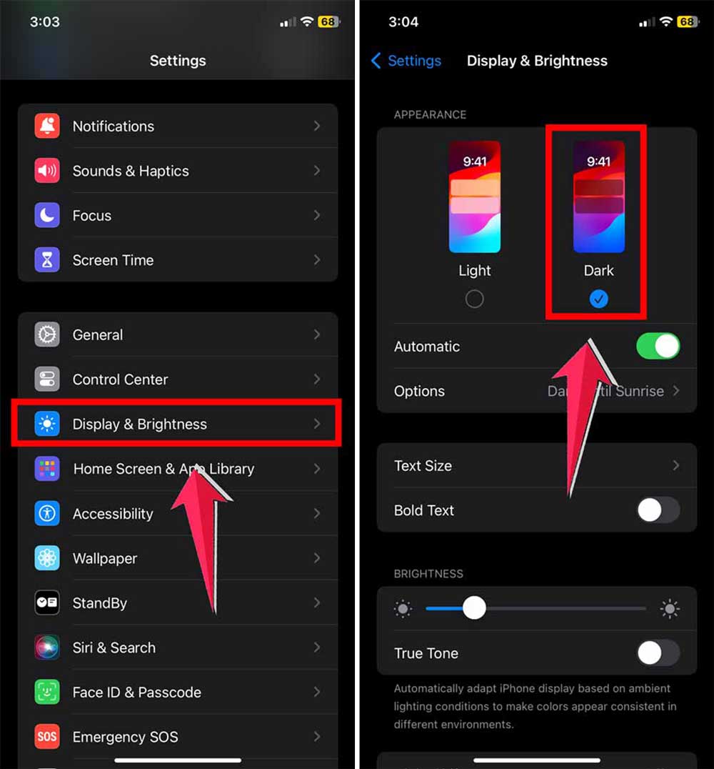 click on display & brightness then choose dark mode click on display & brightness then choose dark mode
