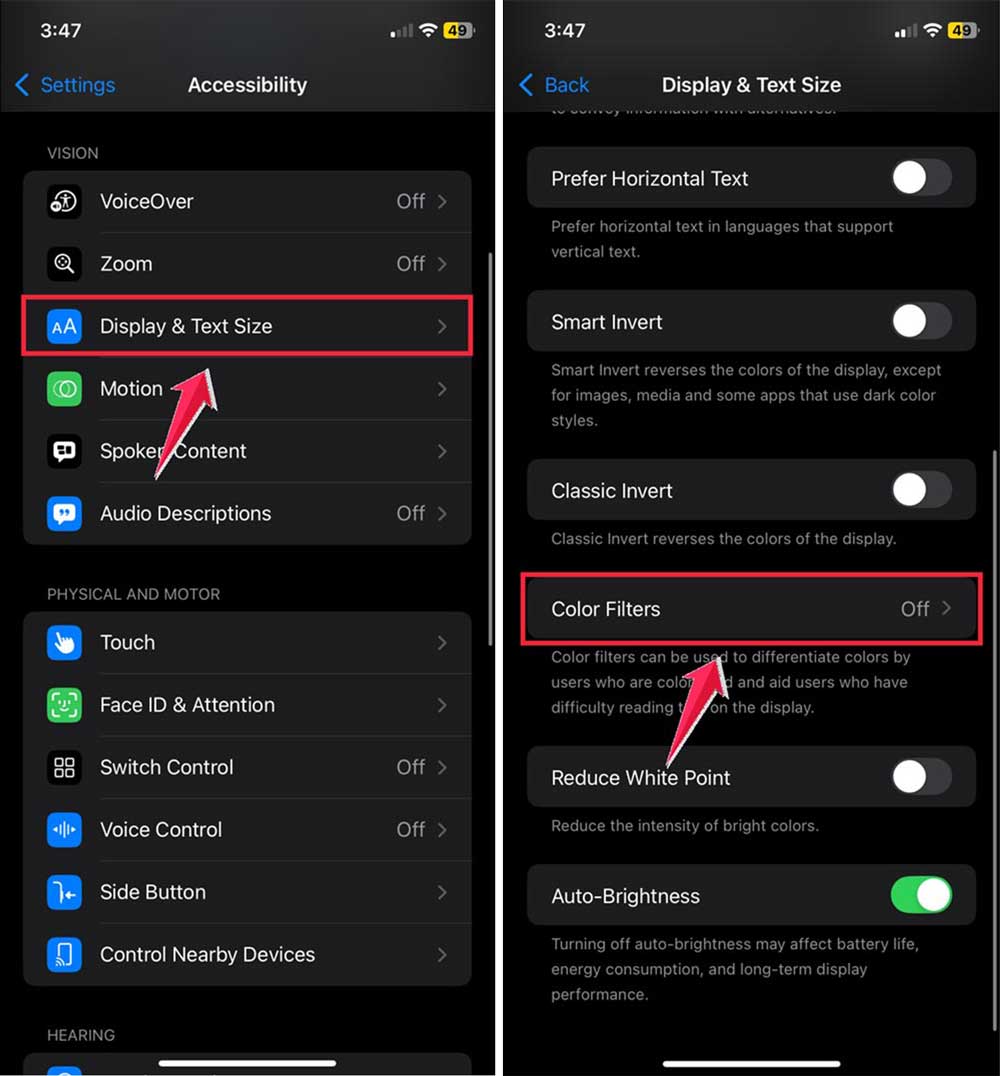 click on display & text size then tap on color filters