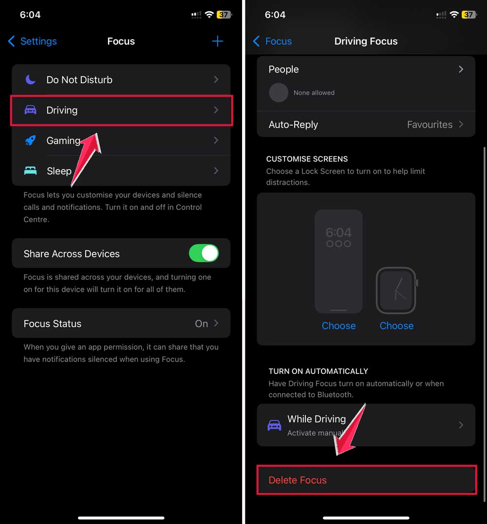 click on driving then tap on delete focus