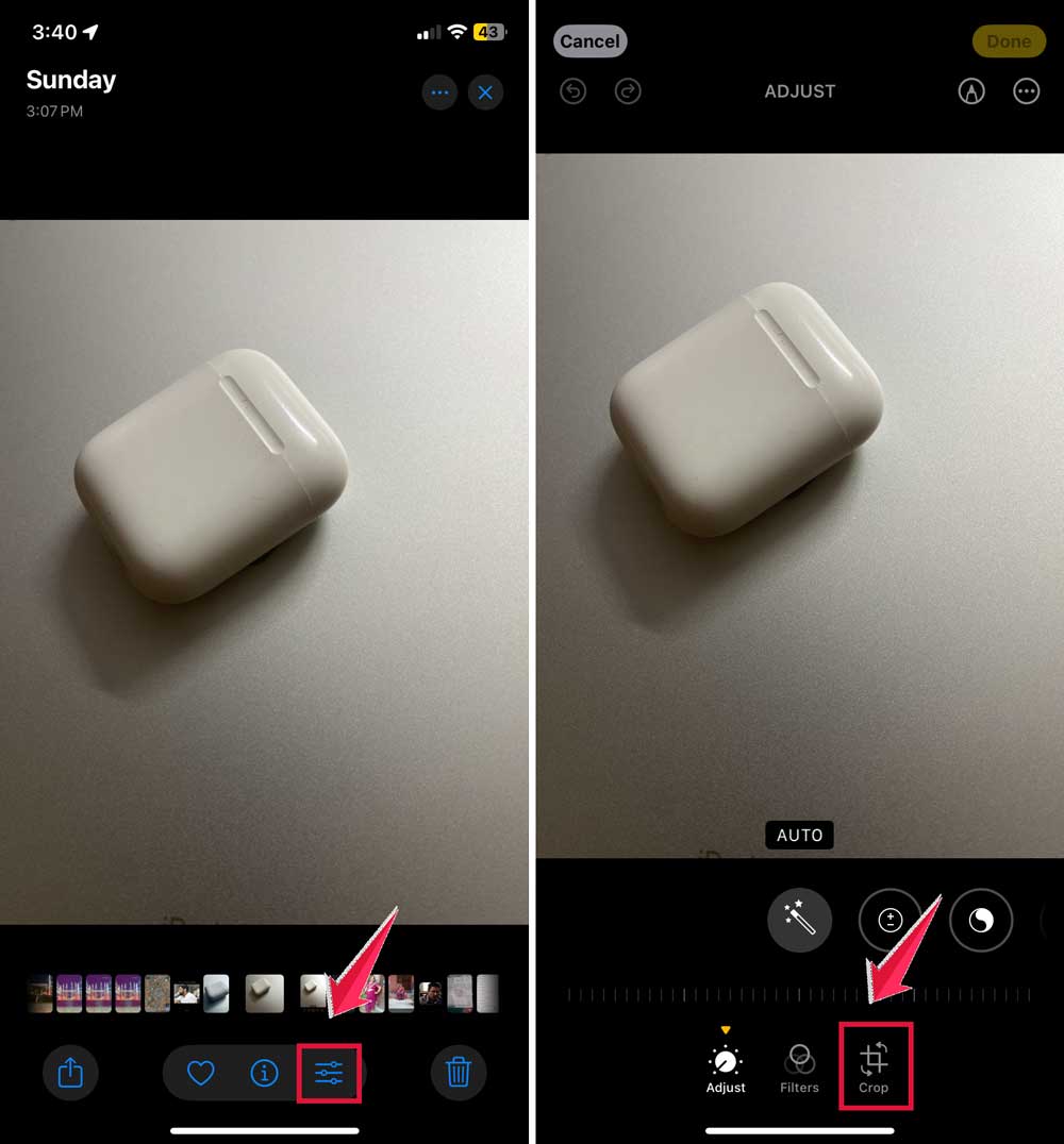 click on edit button then click on crope button
