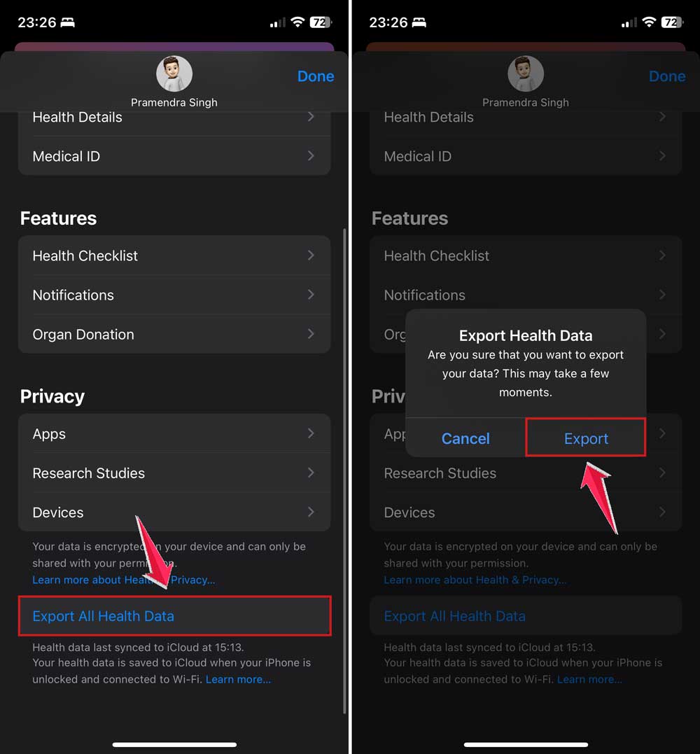 click on export health data and then click export in health app in iphone