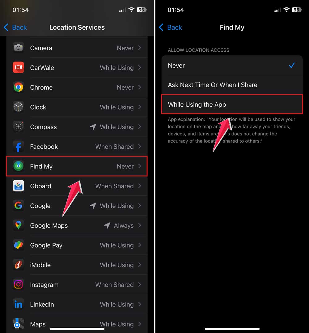 click on find my and then choose while using the app in settings in iphone