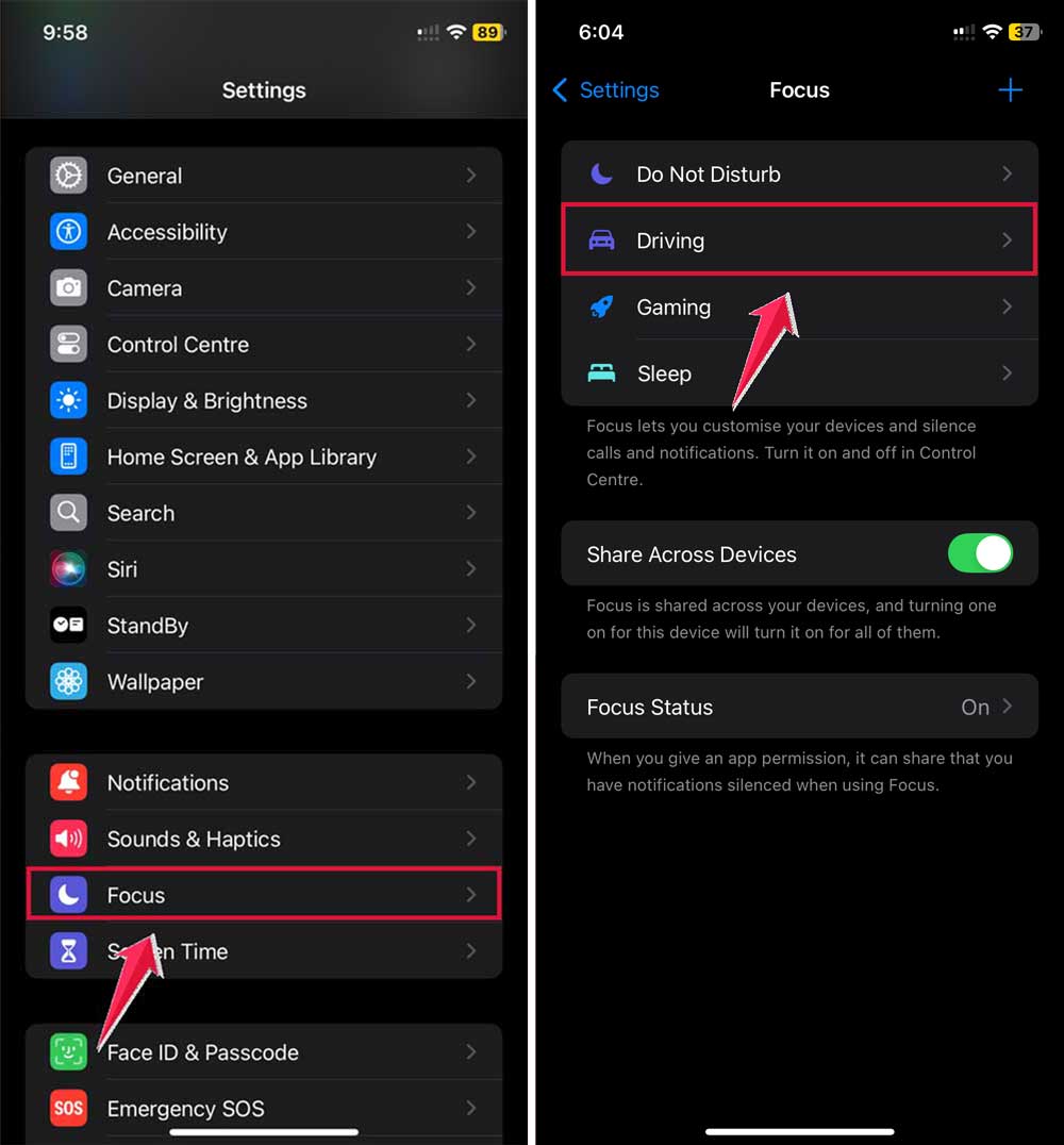 click on focus then tap on driving