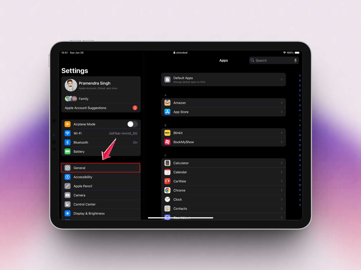 click on general in settings in ipad