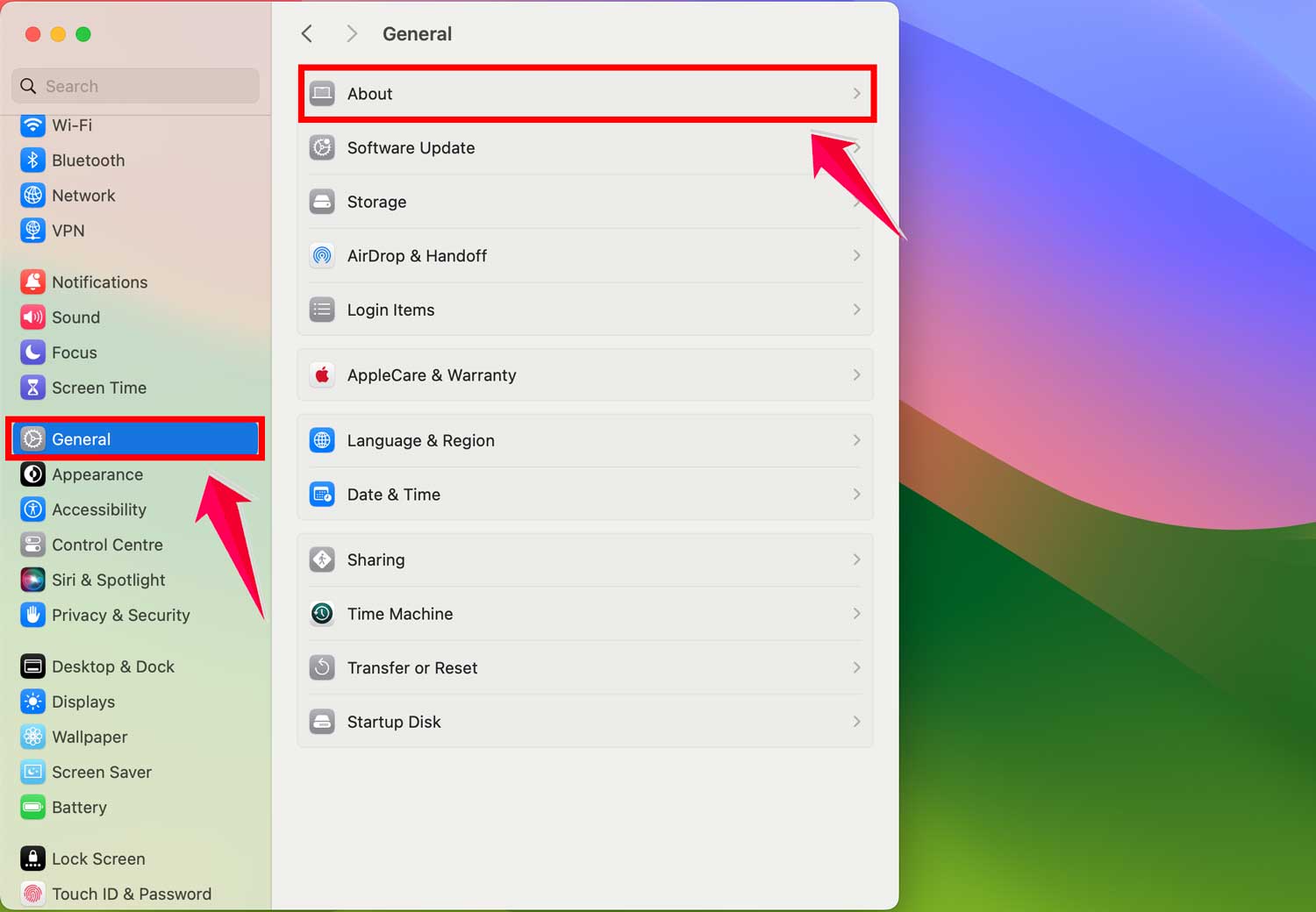 click on general then tab to about