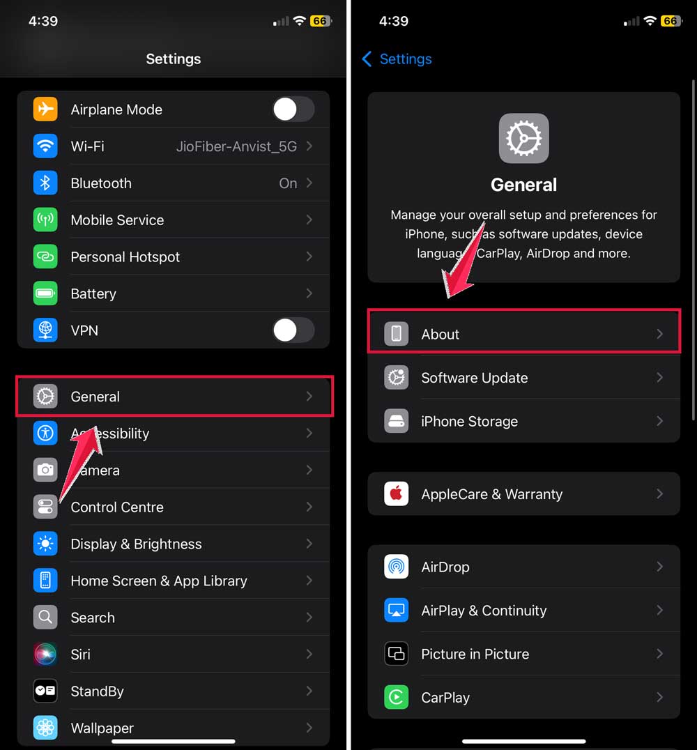 click on general then tap on about