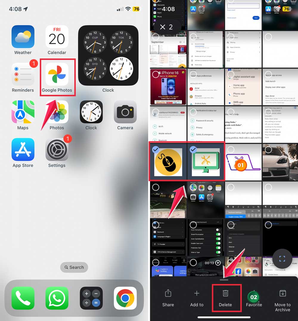 click on google photos then select then photo and click on delete button
