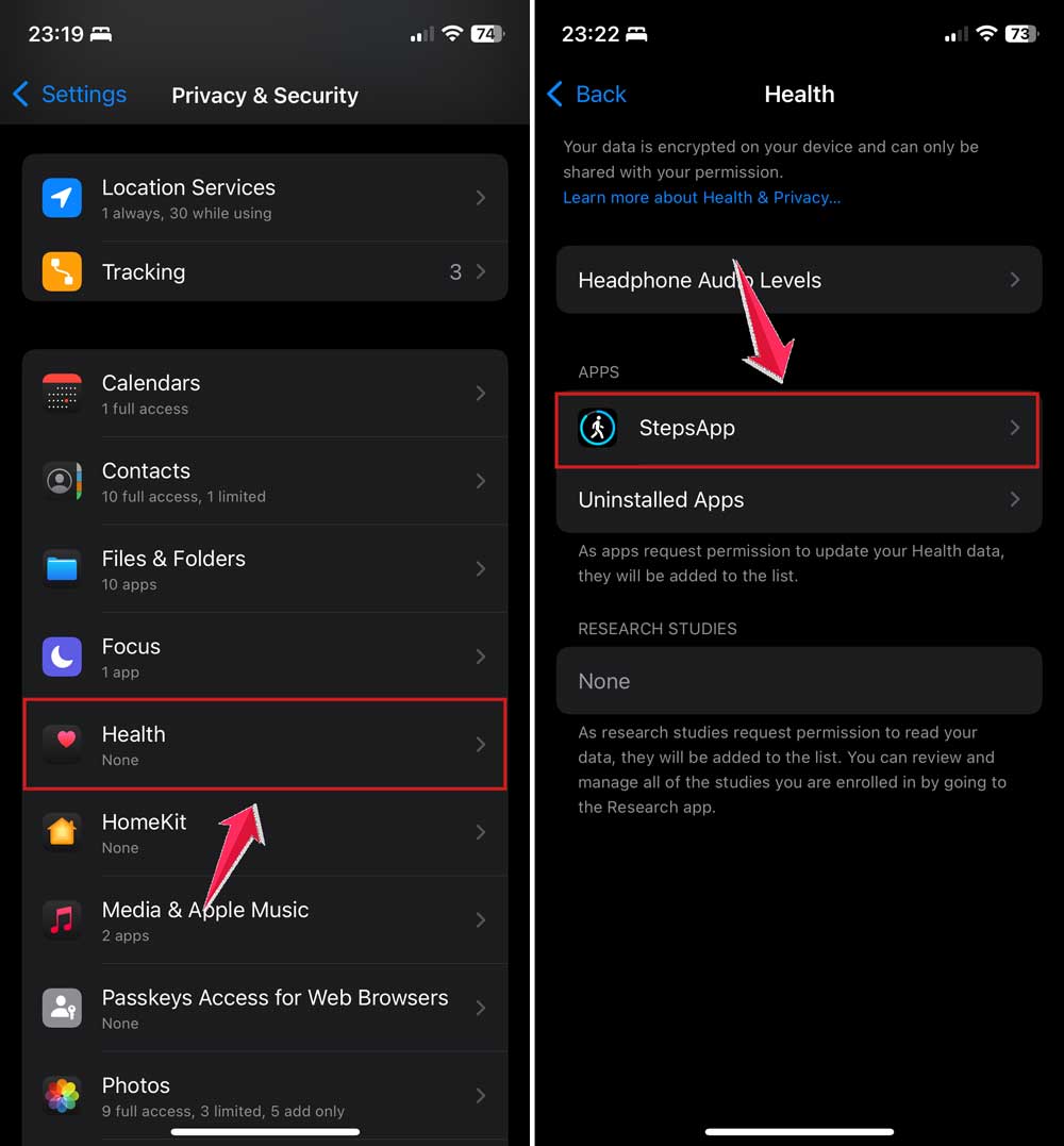 click on health and review permission in privacy security in setttings in iphone