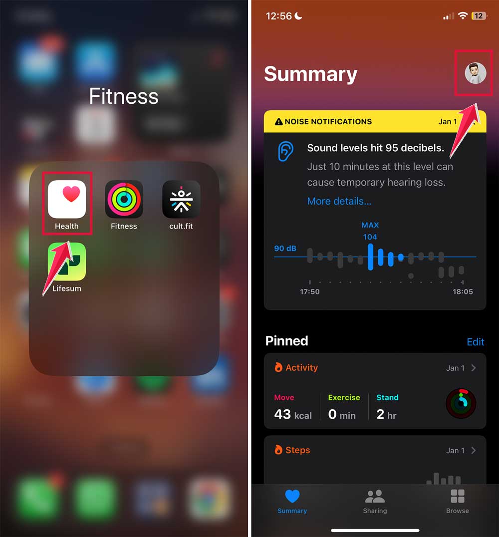 click on health app then click on profile picture