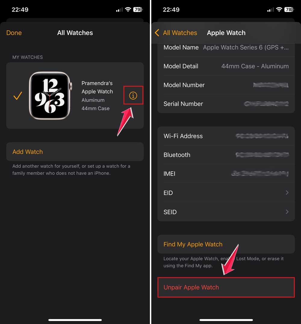 click on i button and then click on unpair apple watch in iphone