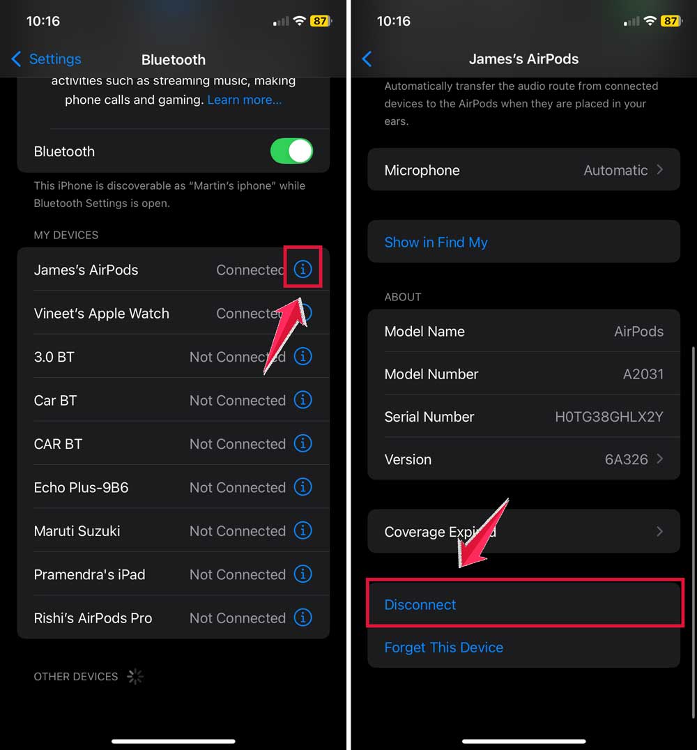 click on i button then click on disconnect