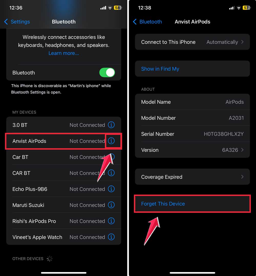 click on i button then click on forget this device