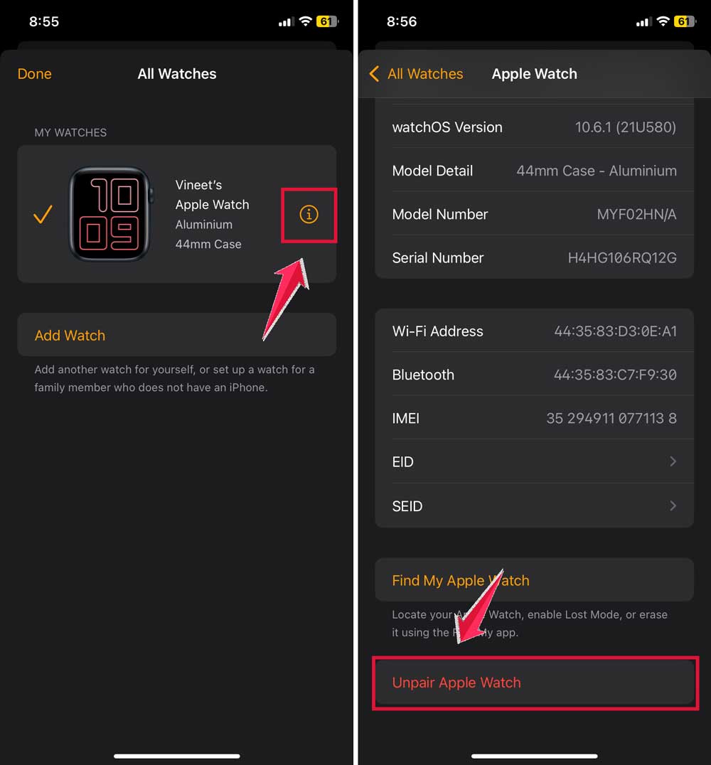 click on i button then click on unpair apple watch