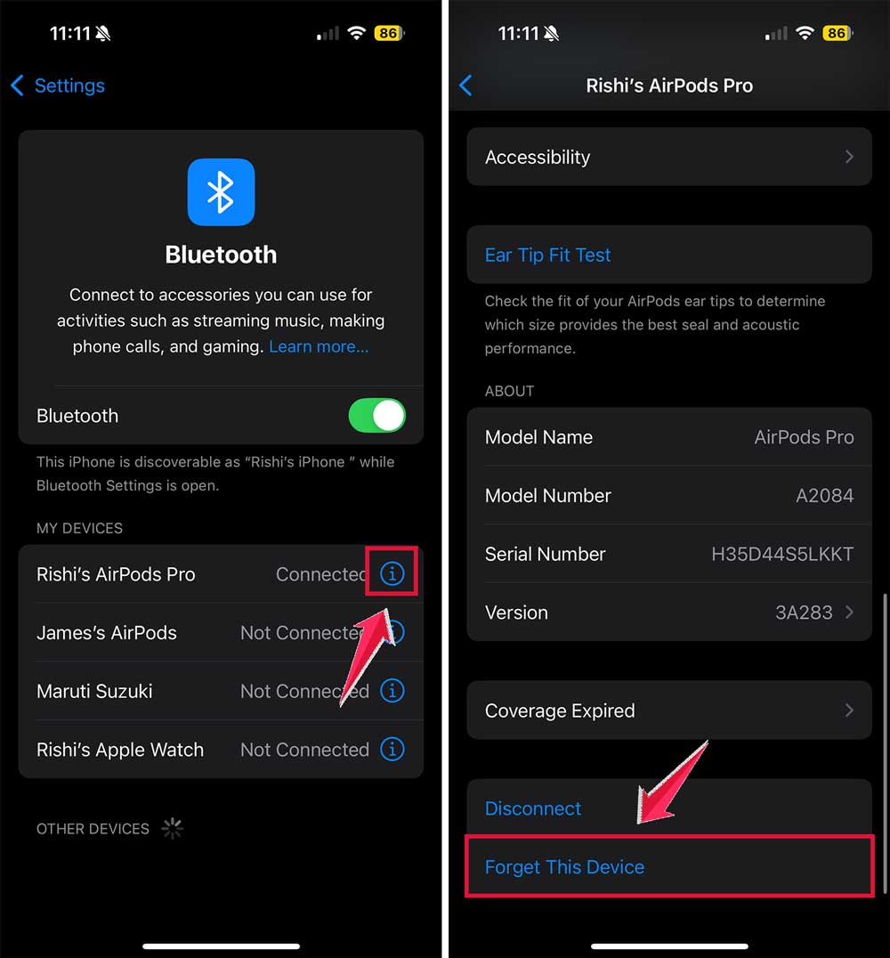 click on i button then forget this device airpods pro