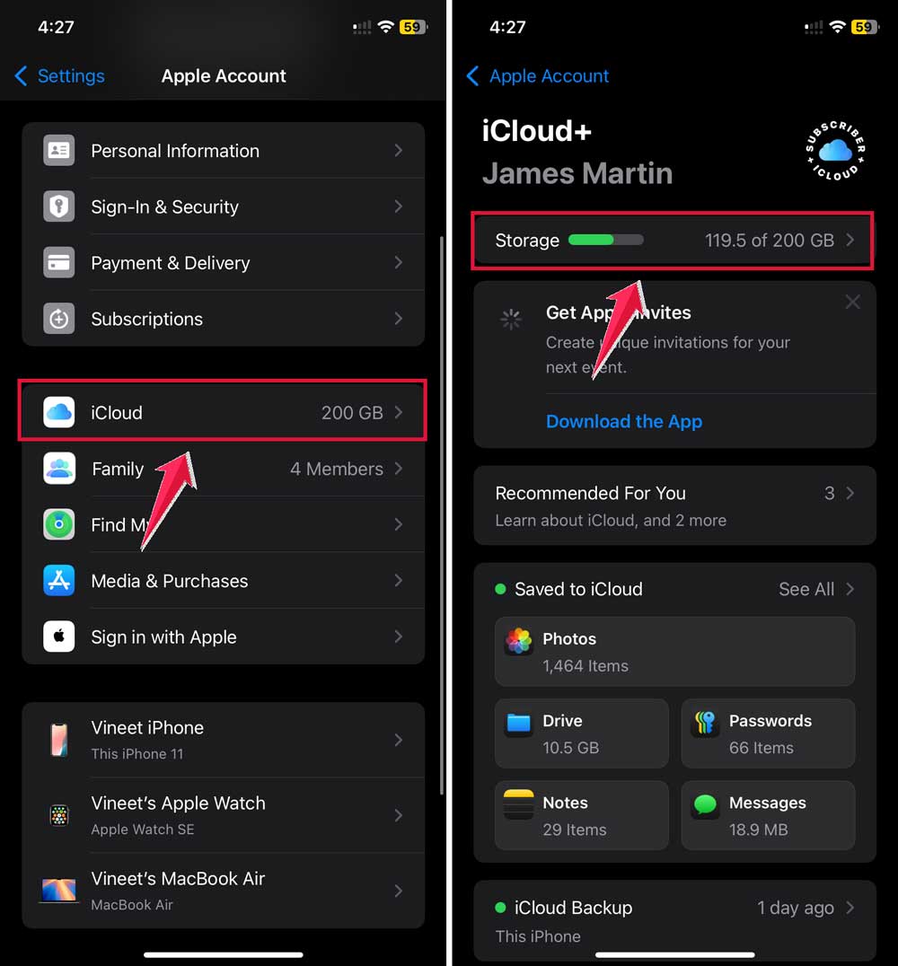 click on icloud then tap on storage