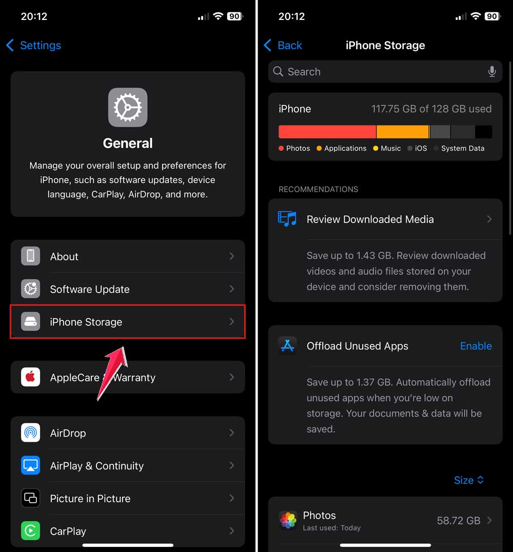 click on iphone storage and review old photos apps in settings in iphone