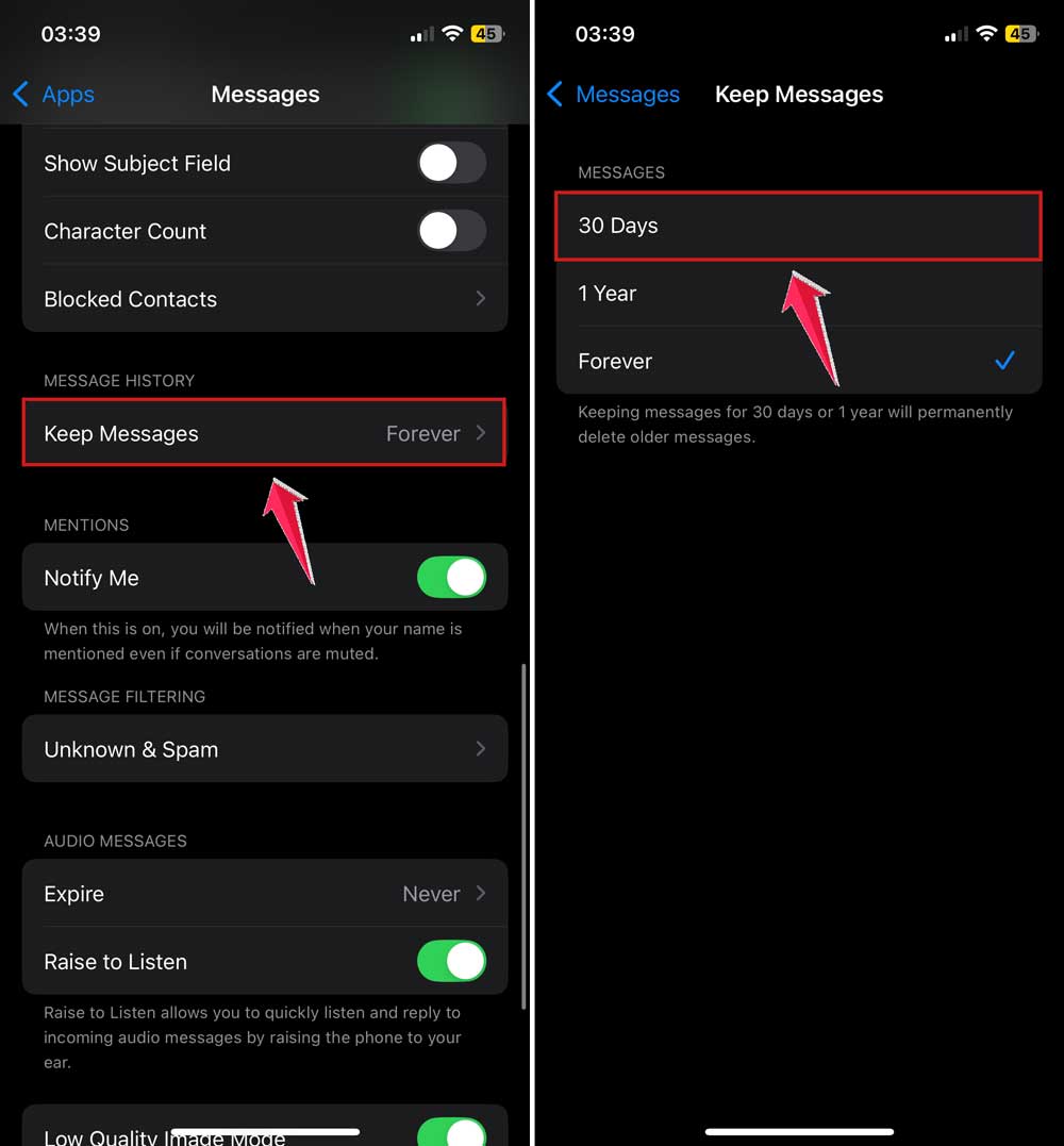 click on keep messages and set it to 30 days in settings in iphone click on keep messages and set it to 30 days in settings in iphone