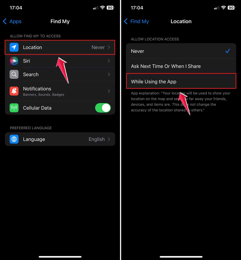 click on location and then choose while usinfg in find my in settings in iphone